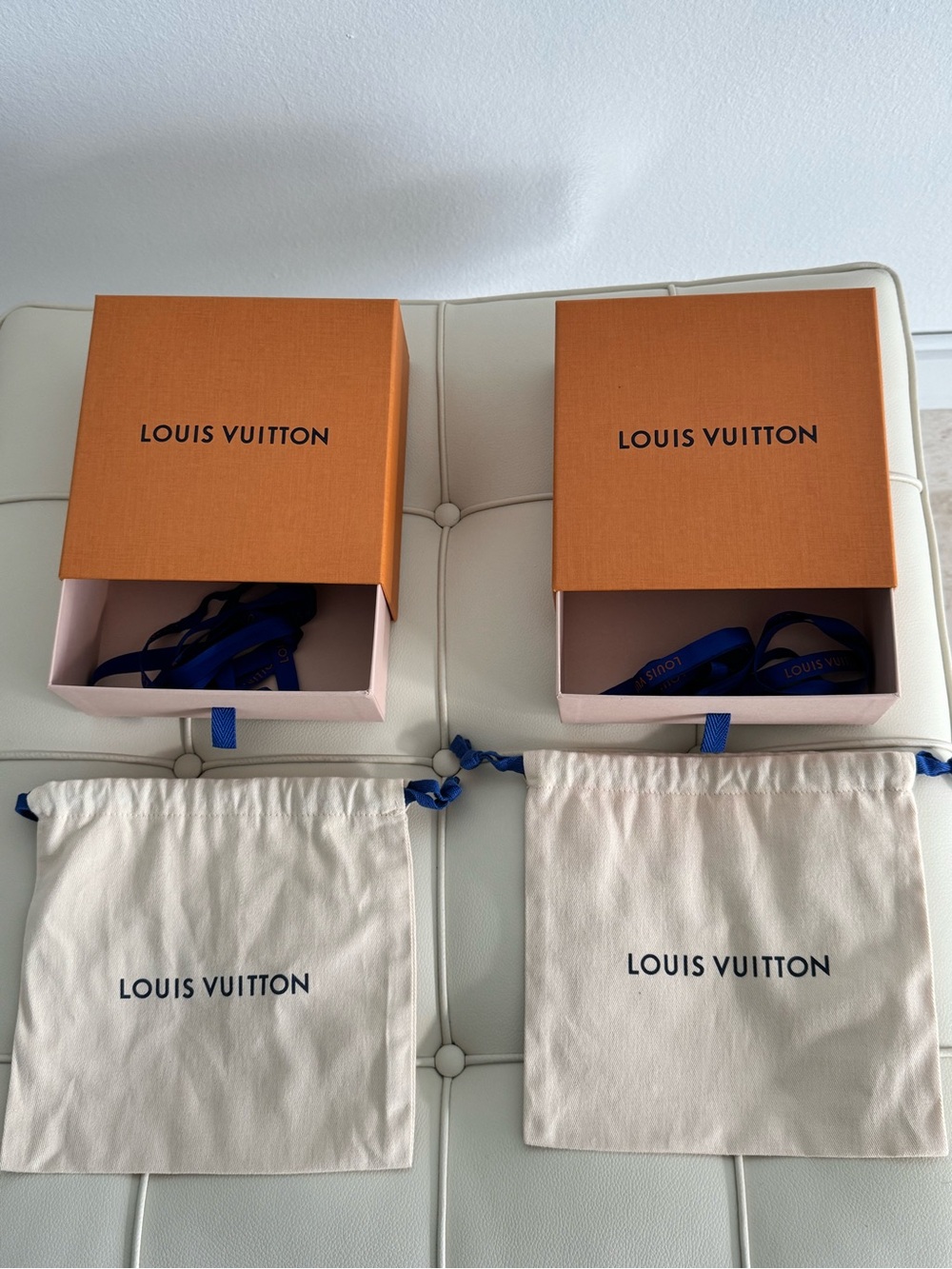 Louis Vuitton Orange Boxes with Cream Dust Bags and Blue Ribbons